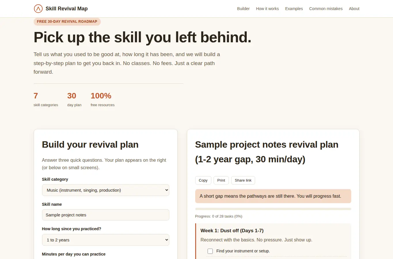 Screenshot of Neglected Skill Revival Map interface showing the project page in use